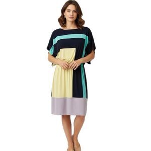Suzi Chin Color Block Dolman Sleeve Shift Dress in Navy, Yellow, Mint Green Sz 4